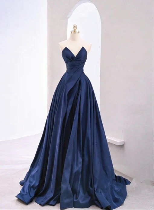 A-line Navy Blue Tulle Long Party Dress, Navy Blue Satin Prom Dress