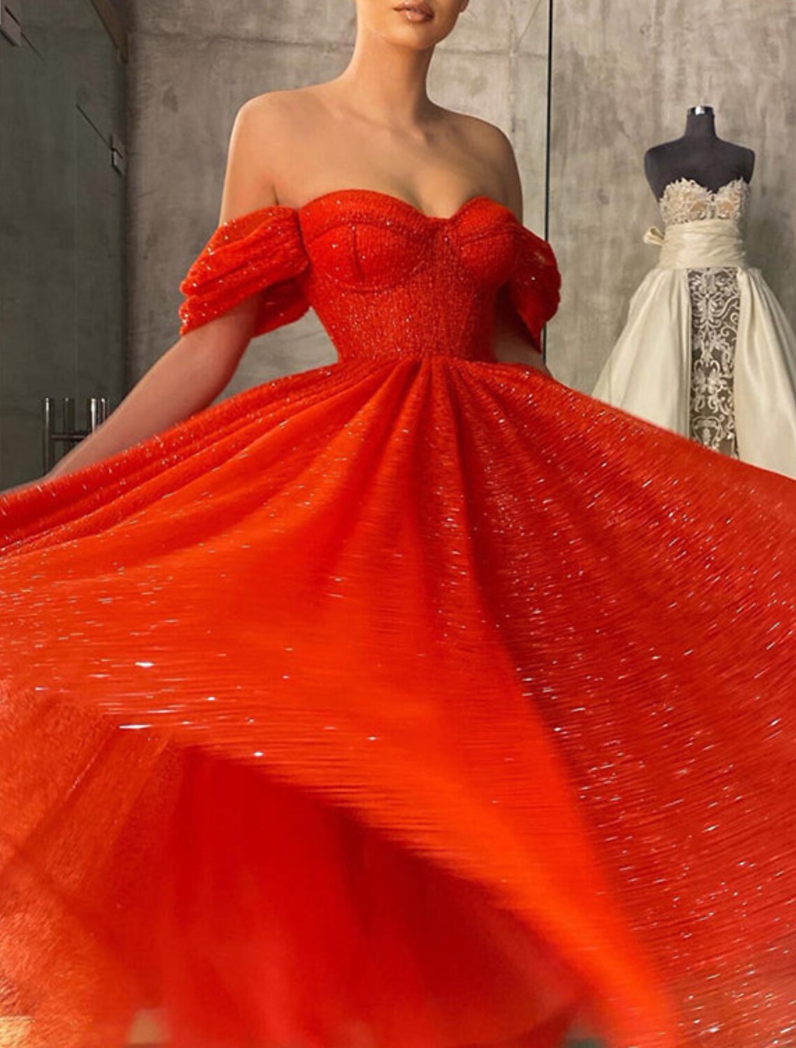 Robe de bal trapèze, corset, robe de soirée, de mariage, d'anniversaire, longueur thé, sans manches, épaules dénudées, tulle avec paillettes