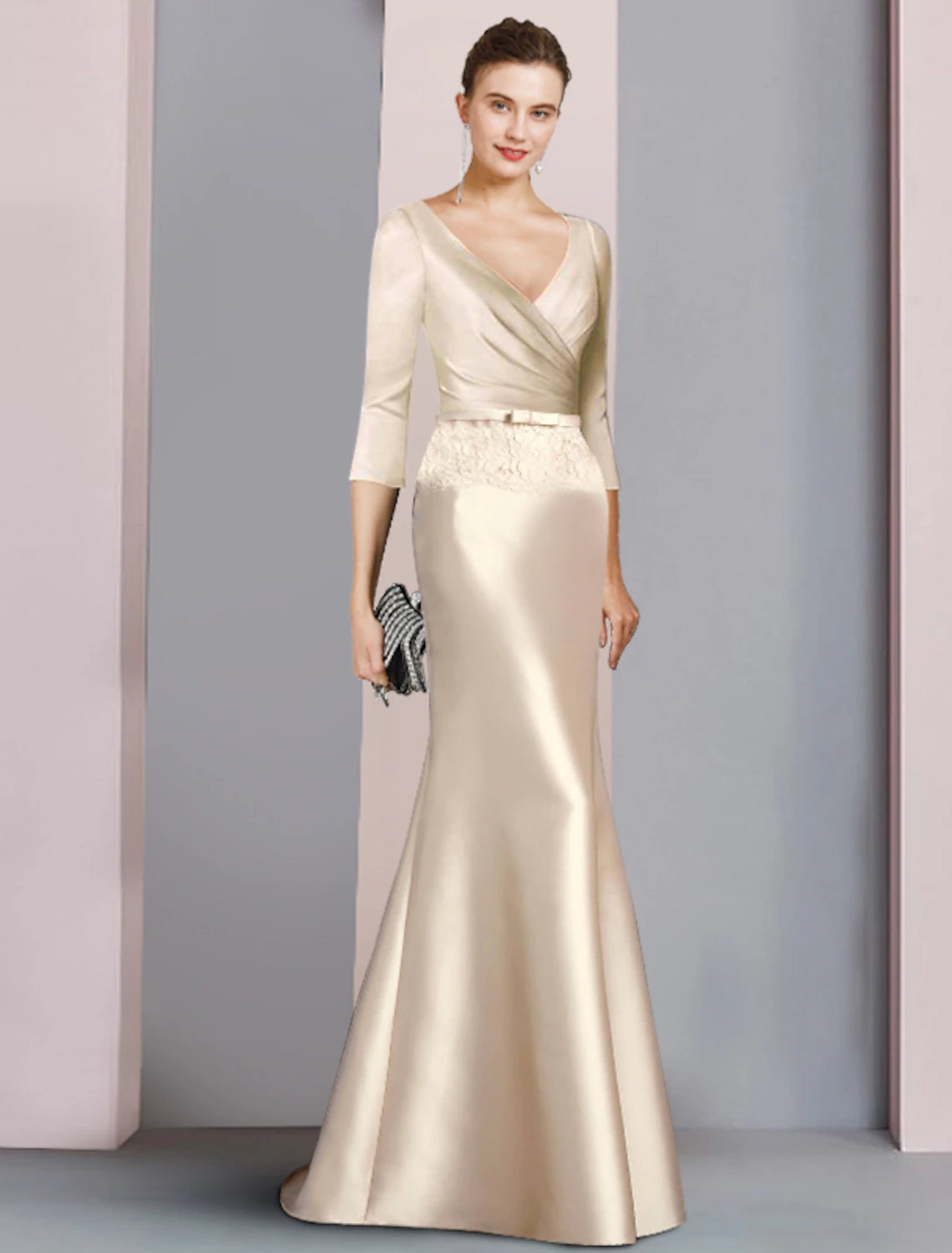 Etuikleid/Säulenkleid für die Brautmutter, Hochzeitsgast, Vintage, elegant, V-Ausschnitt, bodenlang, Satin, Spitze, 3/4-Ärmel, mit Schärpe/Schleife(n)