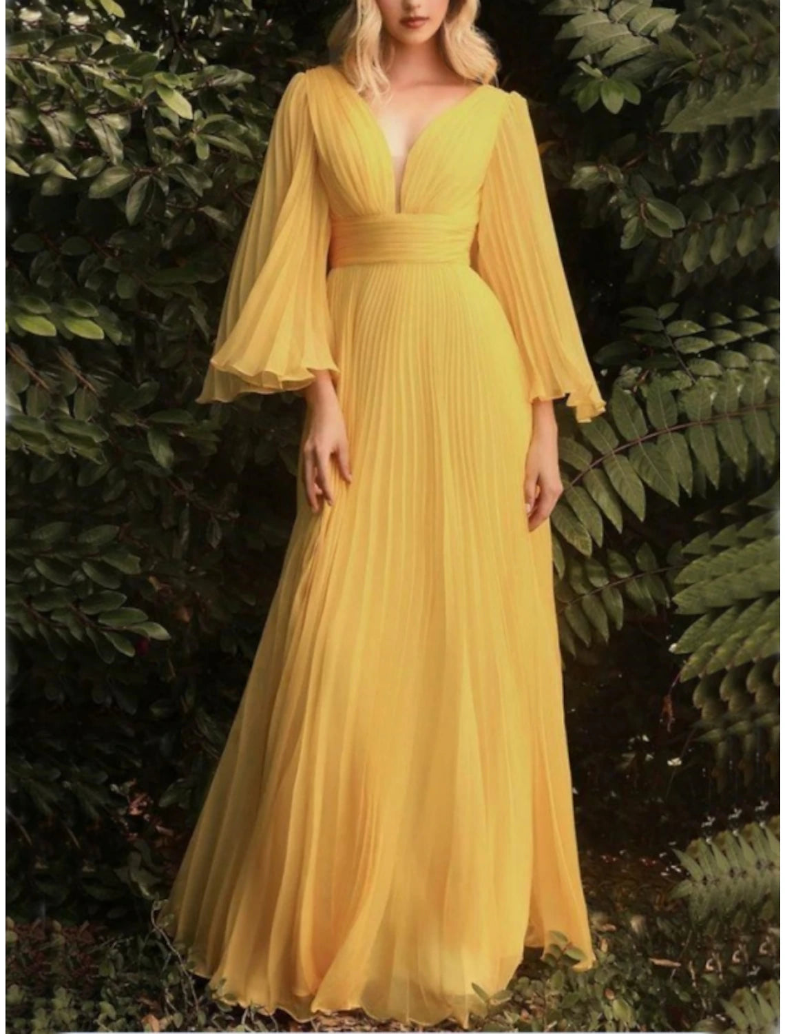 Etuikleid/Säulenkleid für Hochzeitsgäste, elegantes Kleid für Hochzeitsgäste, bodenlang, lange Ärmel, V-Ausschnitt, Chiffon mit Falten, gerüscht