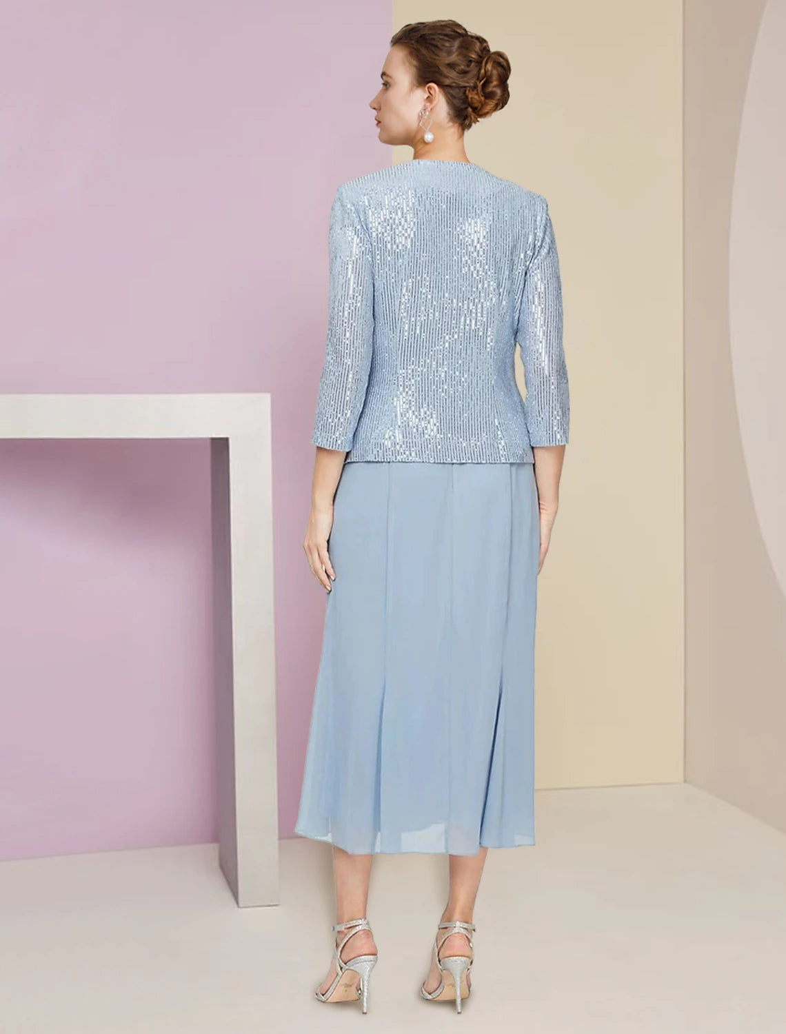 Zweiteiliges A-Linien-Kleid für die Mutter der Braut, Hochzeitsgast, Winter, mit Jacke, 3/4-Ärmel, U-Ausschnitt, teelang, Chiffon, Pailletten, Falten, Pailletten, einfarbig, funkeln und glänzen, zierlich
