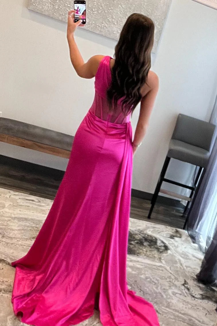 Vibrant Fuchsia Mermaid One‑Shoulder Sheer‑Mesh‑Corset Side‑Ruched High‑Slit Floor‑Length Satin Prom Dress
