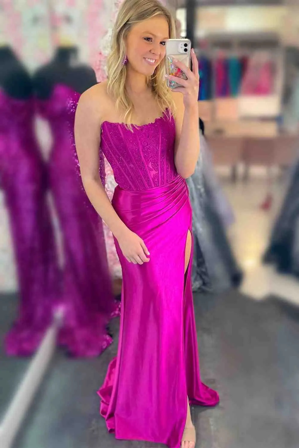Vibrant Fuchsia Mermaid Strapless Sleeveless Open-Back Floor-Length Prom Dress