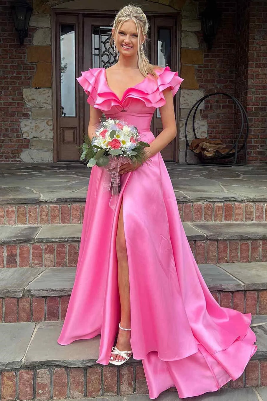 Vibrant Hot‑Pink A‑Line V‑Neck Short‑Sleeve Open‑Back Floor‑Length Prom Dress