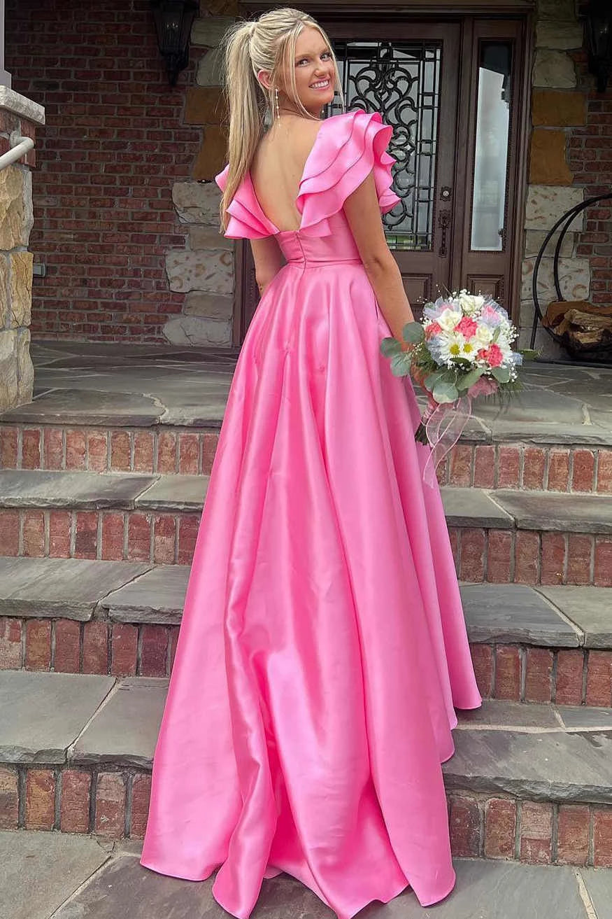 Vibrant Hot‑Pink A‑Line V‑Neck Short‑Sleeve Open‑Back Floor‑Length Prom Dress