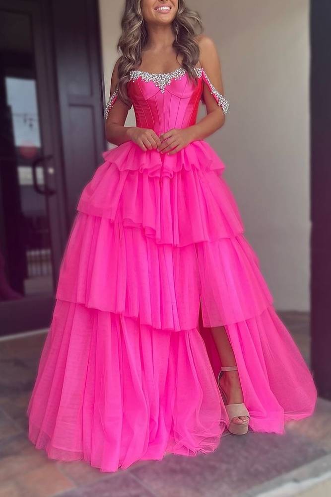 Vibrant Hot‑Pink Ball‑Gown Off‑The‑Shoulder Rhinestone‑Trim Corset‑Bodice Tiered‑Tulle High‑Slit Floor‑Length Prom Dress