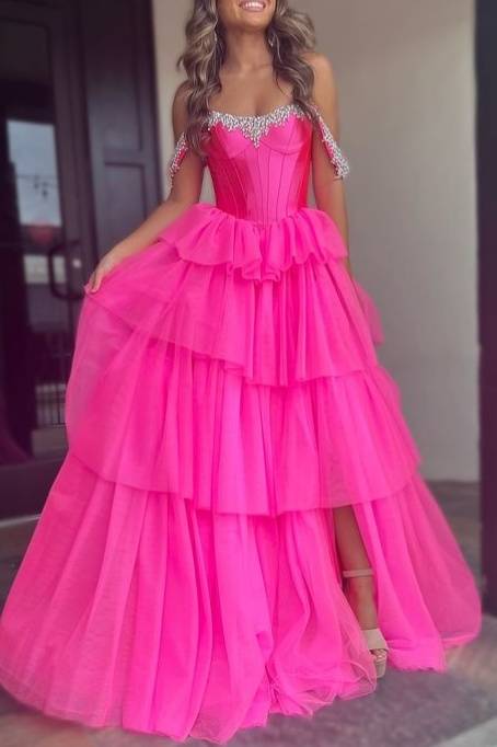 Vibrant Hot‑Pink Ball‑Gown Off‑The‑Shoulder Rhinestone‑Trim Corset‑Bodice Tiered‑Tulle High‑Slit Floor‑Length Prom Dress