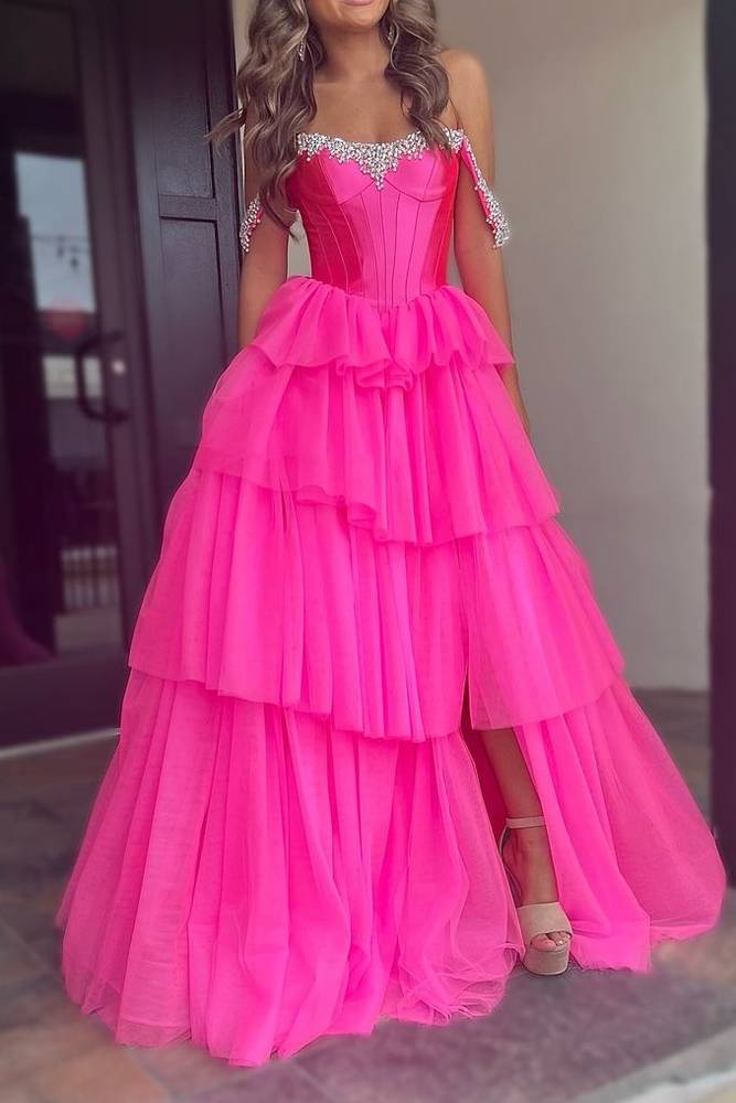 Vibrant Hot‑Pink Ball‑Gown Off‑The‑Shoulder Rhinestone‑Trim Corset‑Bodice Tiered‑Tulle High‑Slit Floor‑Length Prom Dress