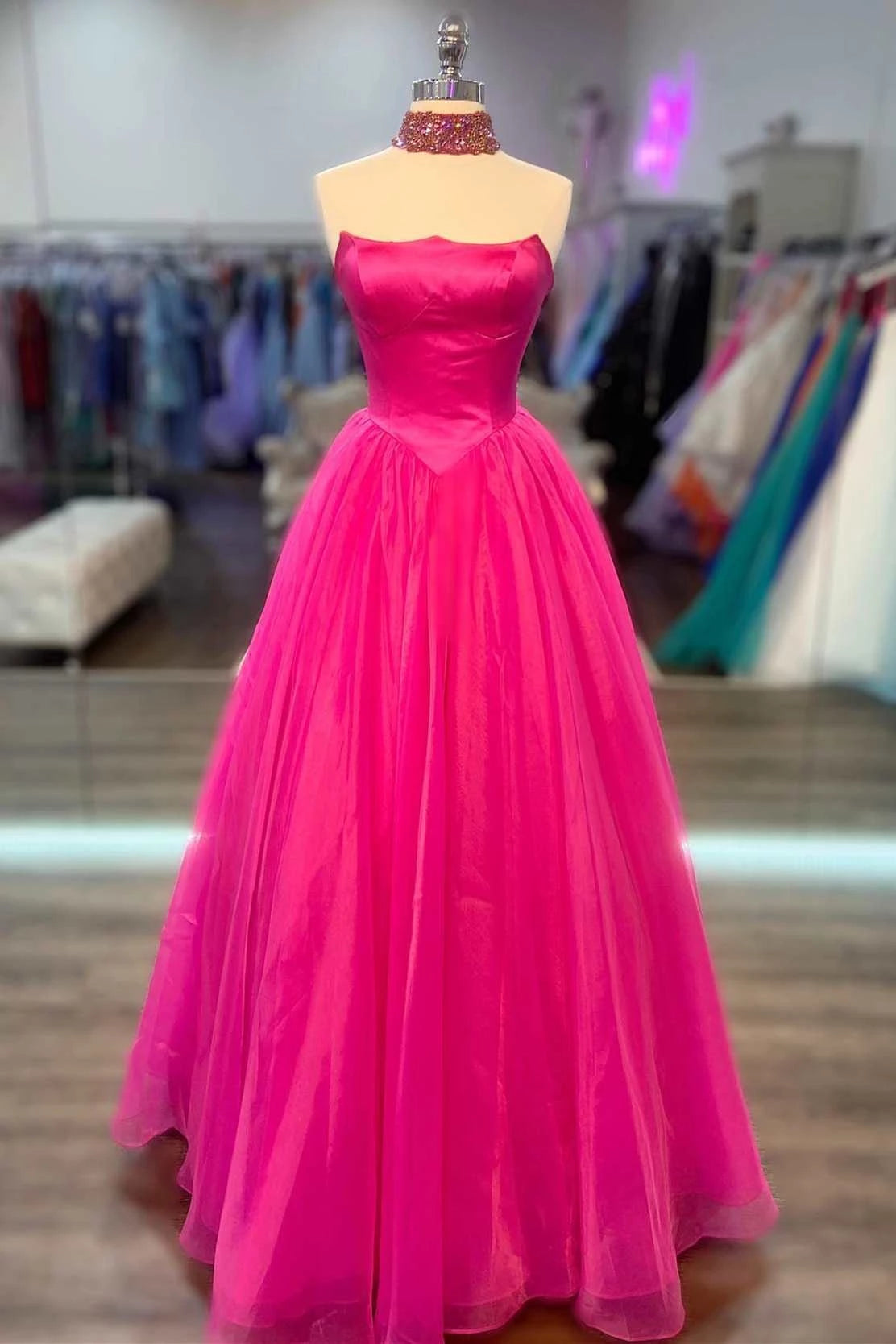 vibrant-hot-pink-ball-gown-strapless-high-neck-prom-dress