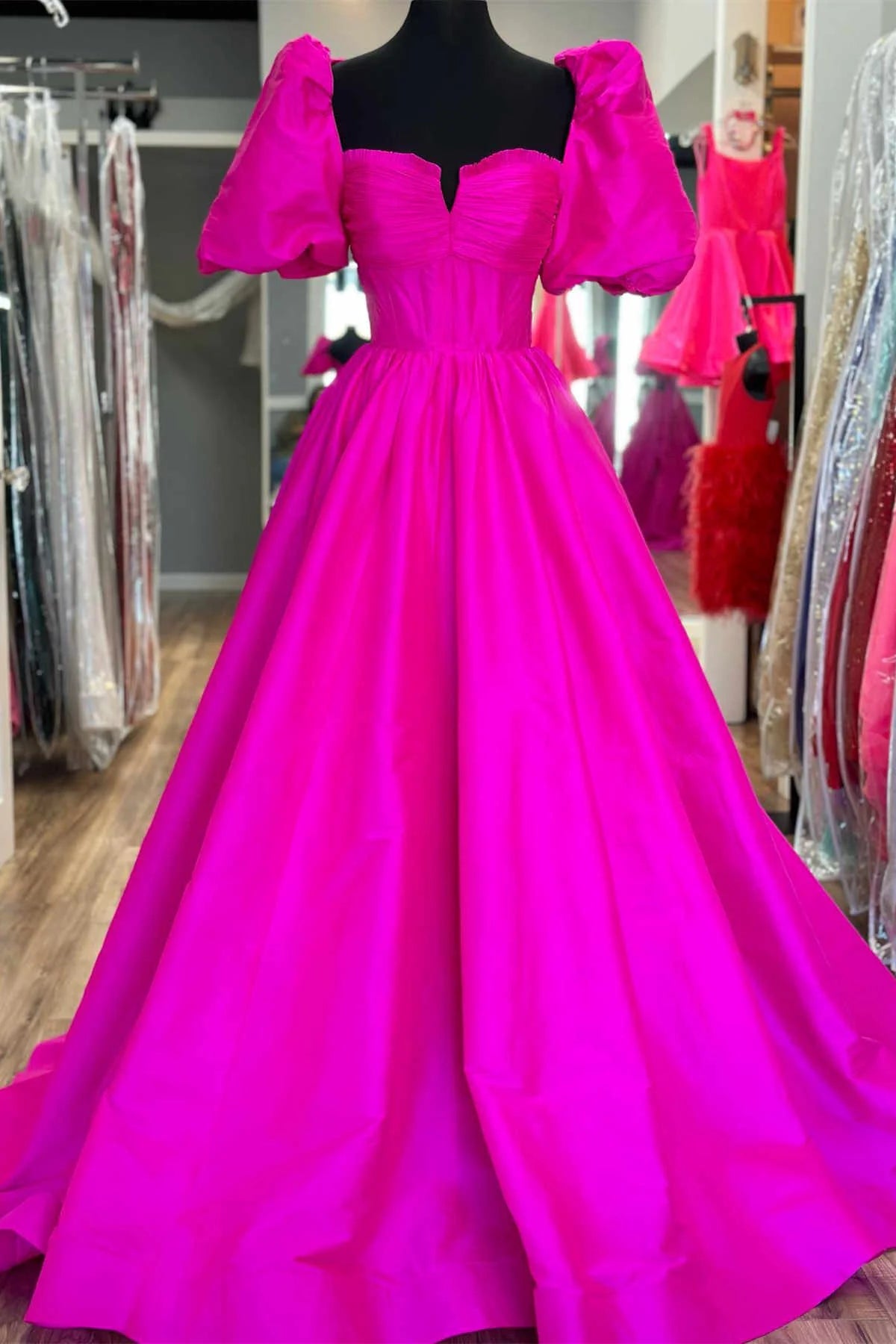 Vibrant Hot‑Pink Ball‑Gown Sweetheart Puffed‑Sleeve Bow‑Back Floor‑Length Prom Dress
