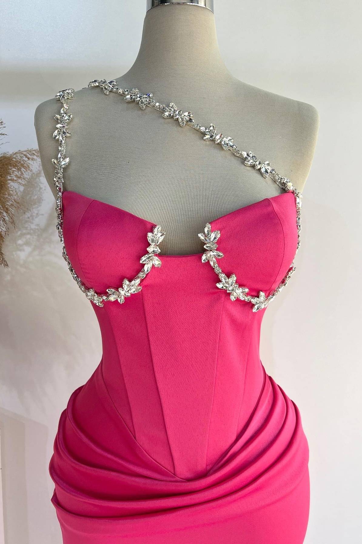 Vibrant Hot‑Pink Mermaid One‑Shoulder Crystal‑Trim Corset Floor‑Length Prom Dress
