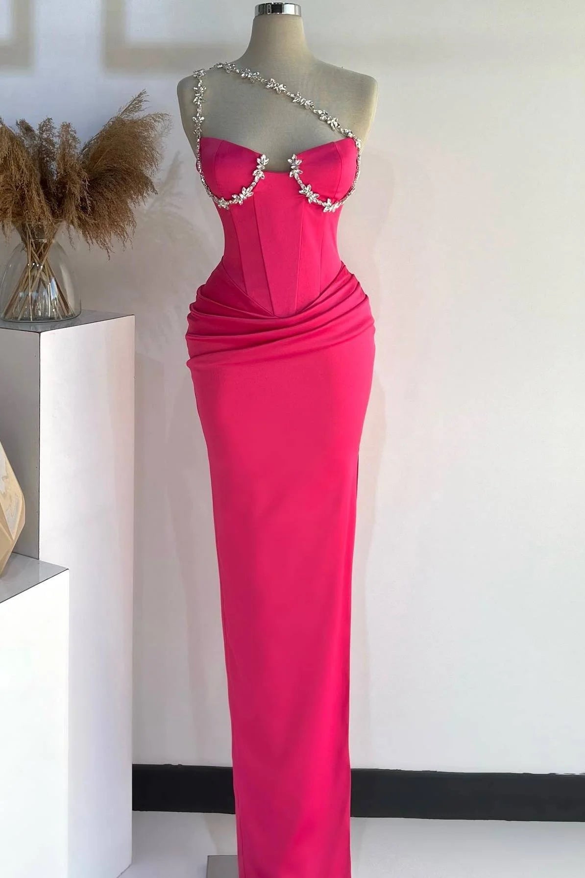 Vibrant Hot‑Pink Mermaid One‑Shoulder Crystal‑Trim Corset Floor‑Length Prom Dress