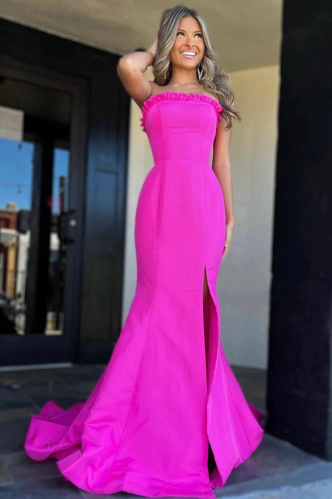 Vibrant Hot‑Pink Mermaid Strapless Ruffled‑Trim Floor‑Length Prom Dress