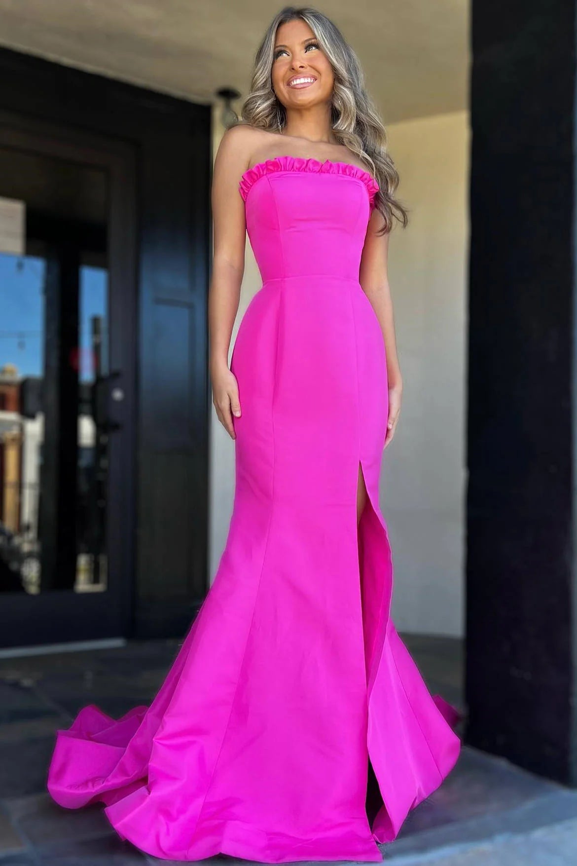 Vibrant Hot‑Pink Mermaid Strapless Ruffled‑Trim Floor‑Length Prom Dress