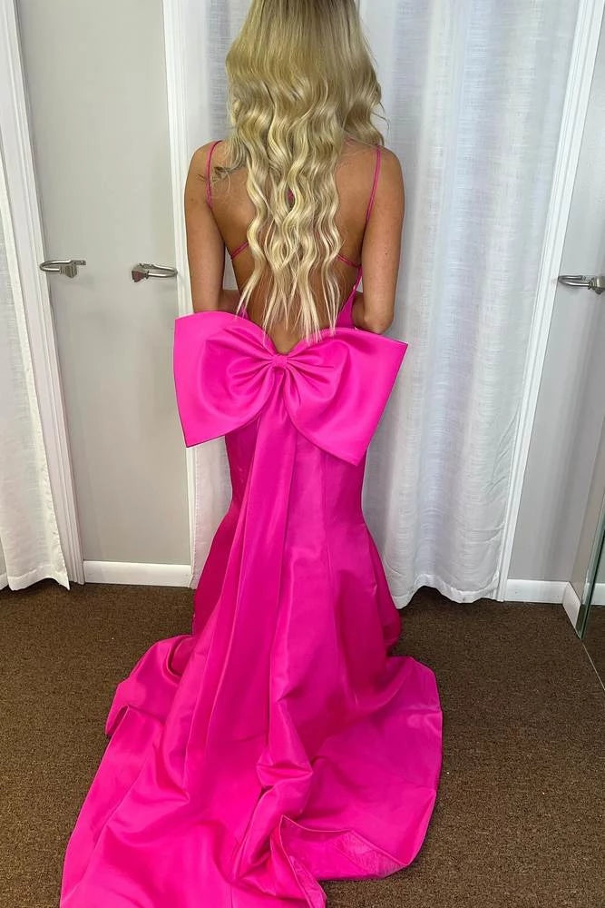 Vibrant Hot‑Pink Mermaid V‑Neck Spaghetti‑Strap Oversized‑Bow‑Back Floor‑Length Prom Dress