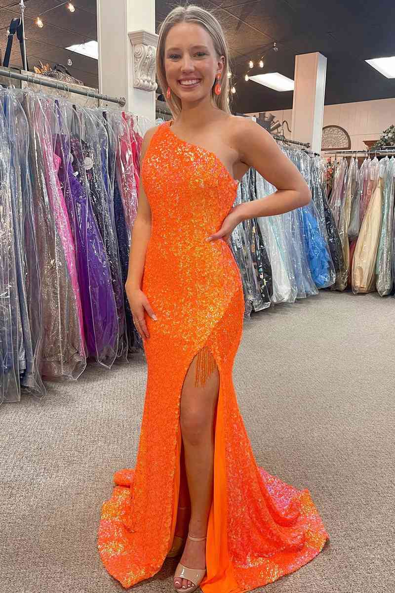 Vibrant Orange Mermaid One‑Shoulder Multi‑Strap‑Back Fringe‑Trim High‑Slit Full‑Sequin Floor‑Length Prom Dress