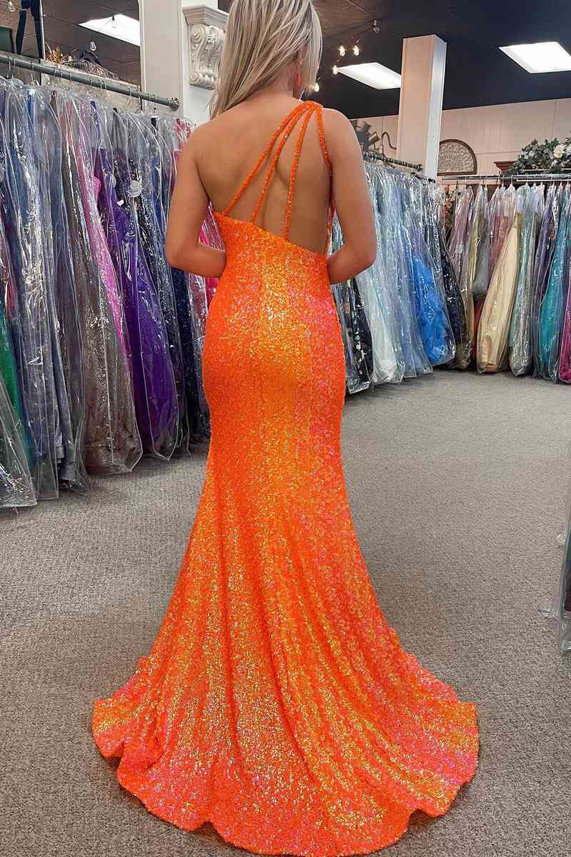 Vibrant Orange Mermaid One‑Shoulder Multi‑Strap‑Back Fringe‑Trim High‑Slit Full‑Sequin Floor‑Length Prom Dress