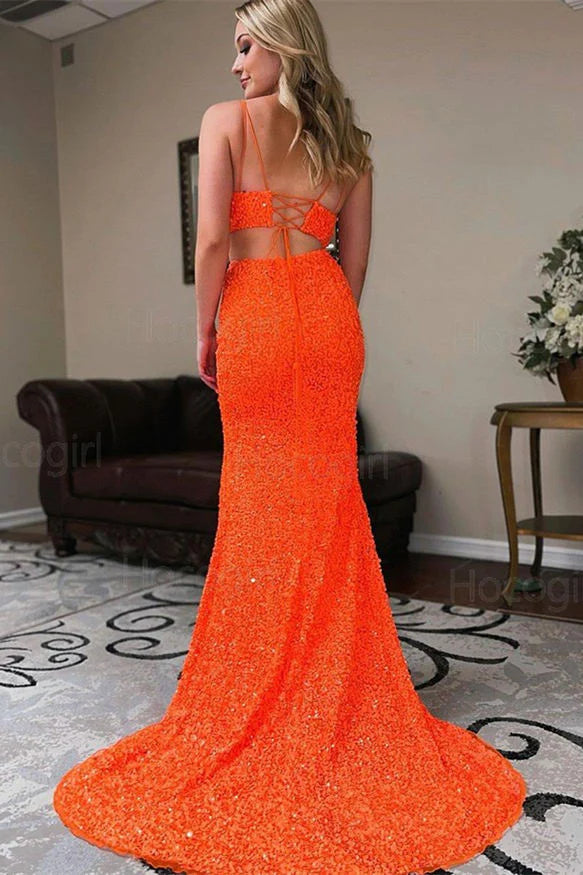 Vibrant Orange Two‑Piece Mermaid Spaghetti‑Strap Deep‑V Crisscross‑Lace‑Up‑Back High‑Slit Full‑Sequin Floor‑Length Prom Dress