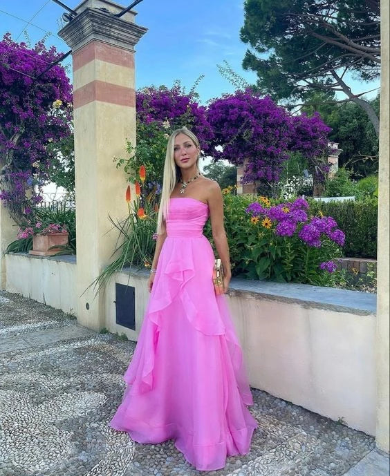 Vibrant Pink A-Line Strapless Ruffle Tiered Long Evening Dress