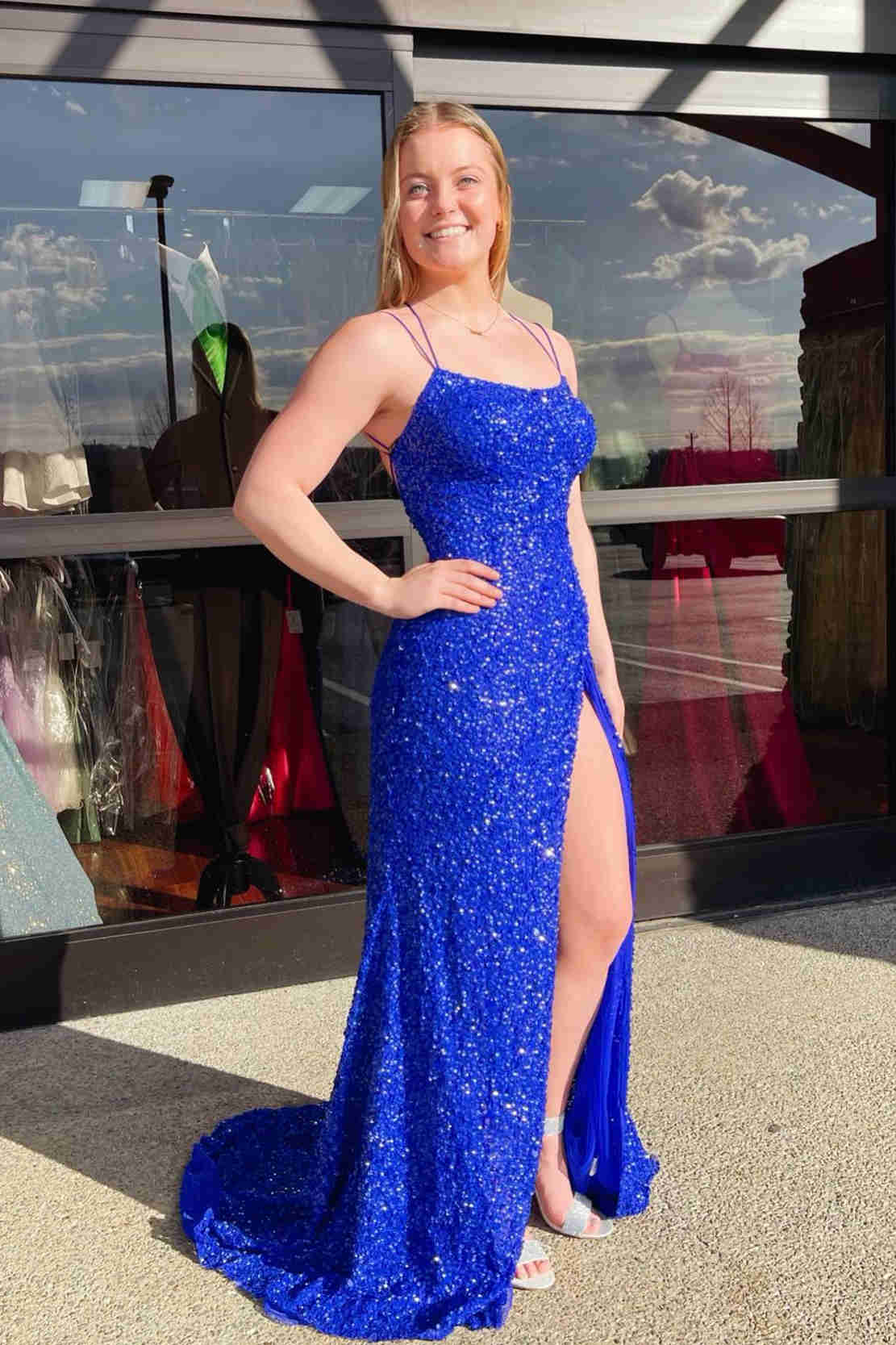 Vibrant Royal‑Blue Mermaid Square‑Neck Spaghetti‑Strap Crisscross‑Lace‑Up‑Back High‑Slit Full‑Sequin Floor‑Length Prom Dress
