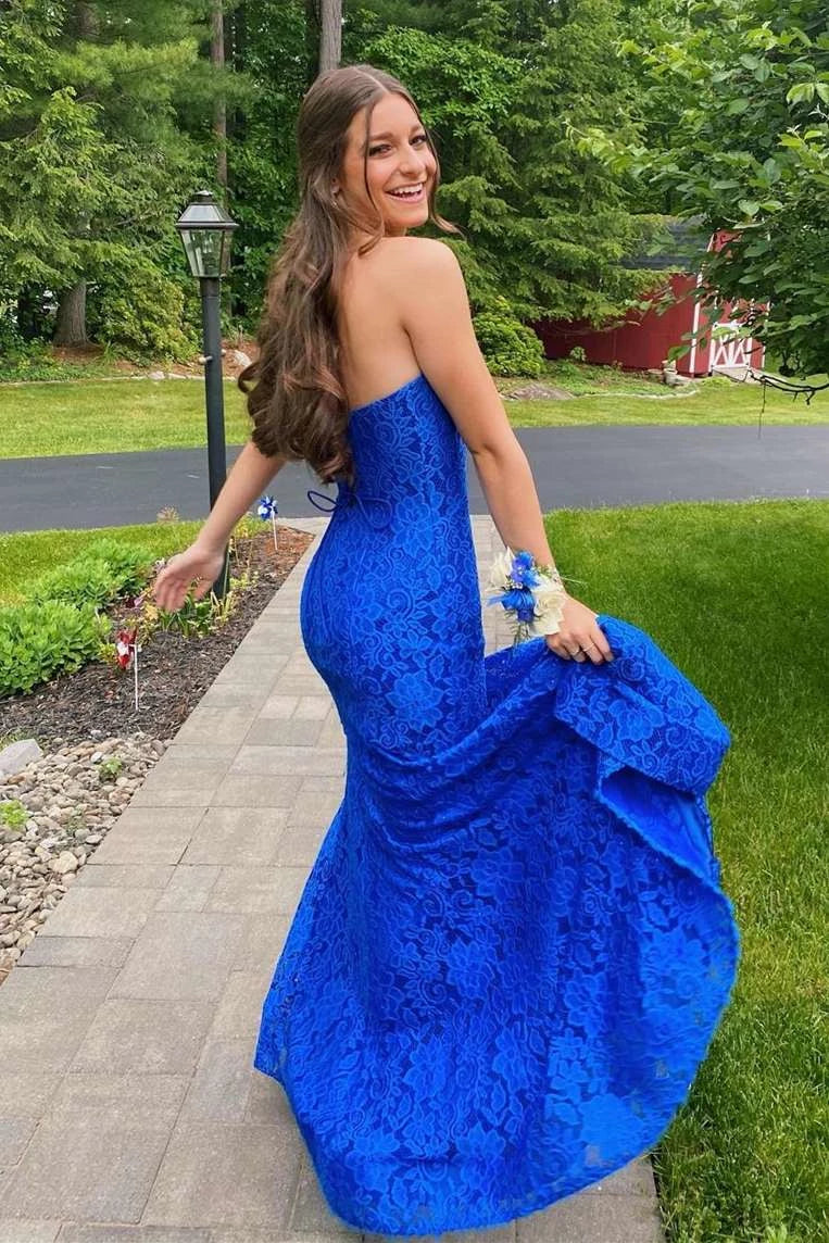 Vibrant Royal‑Blue Mermaid Strapless Sweetheart Lace‑Up‑Back Floor‑Length Lace Prom Dress