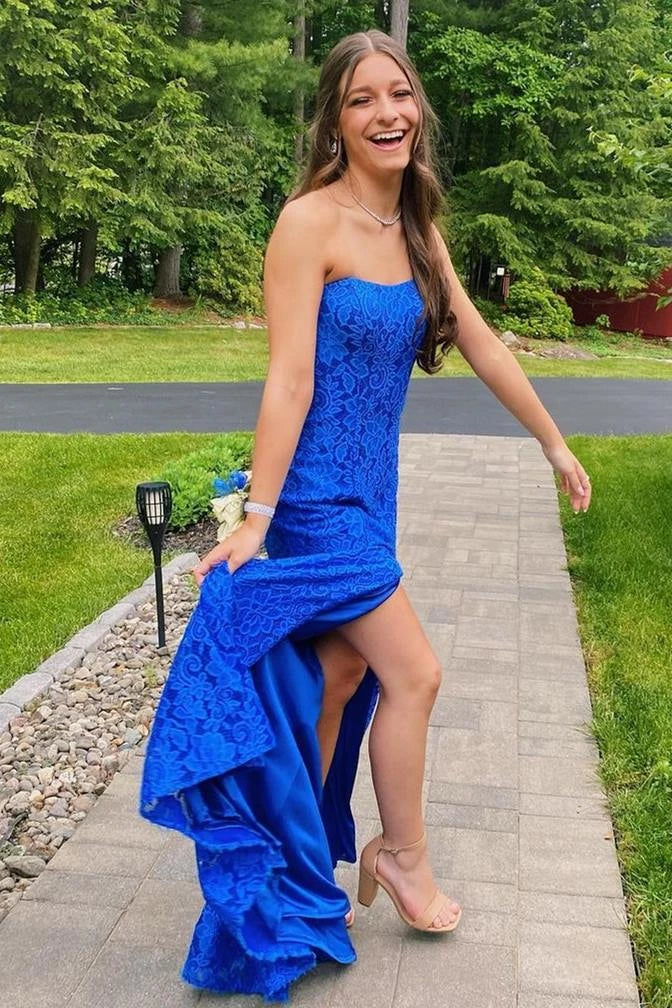 Vibrant Royal‑Blue Mermaid Strapless Sweetheart Lace‑Up‑Back Floor‑Length Lace Prom Dress
