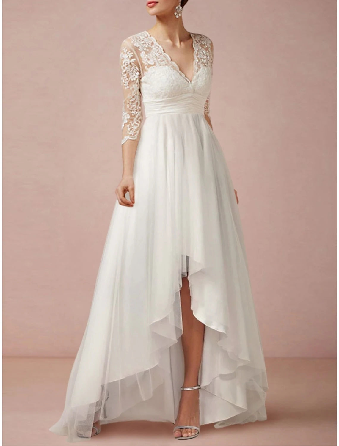 Reife Brautkleider Mantel / Spalte V-Ausschnitt 3/4 Länge Ärmel Asymmetrische Chiffon Brautkleider mit Falten gerüscht