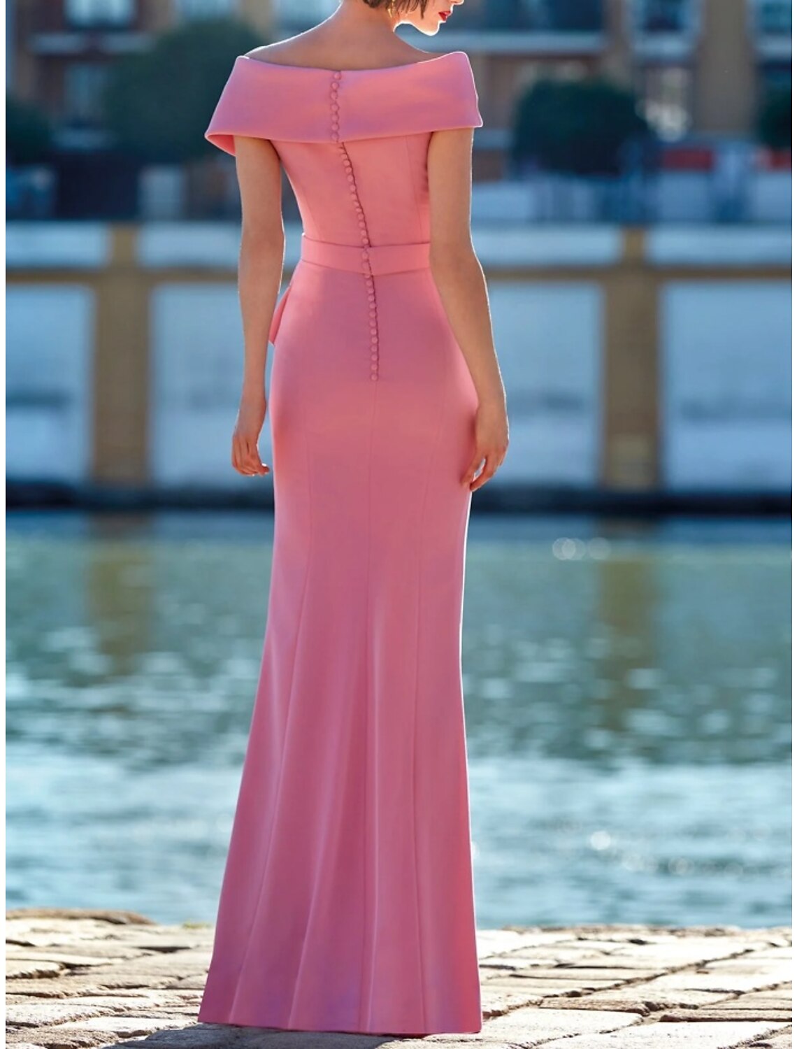 Etuikleid/Säulenkleid, elegantes Abendkleid, formelles Kleid, bodenlang, kurze Ärmel, schulterfrei, Stretch-Stoff mit Falten, gerüschte Rüschen