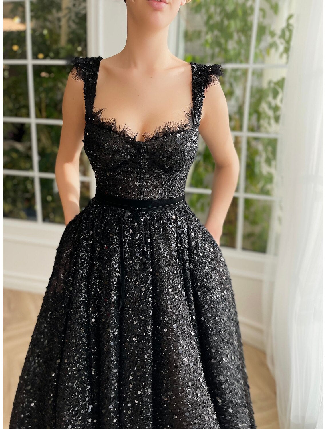A-Line Prom Black Dress Vintage Dress Masquerade Party Wear Ankle Length Sleeveless Strapless Wednesday Addams Family Lace with Glitter Sequin