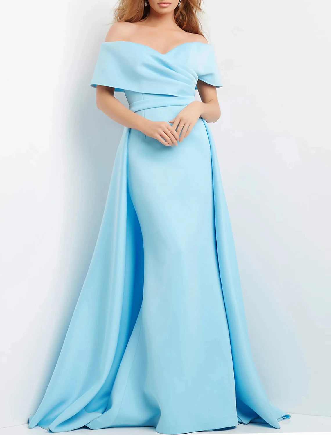 Etuikleid/Säulenkleid, elegantes Abendkleid, formelle Hochzeit, bodenlang, kurze Ärmel, Herzausschnitt, Stretch-Stoff mit Rüschen