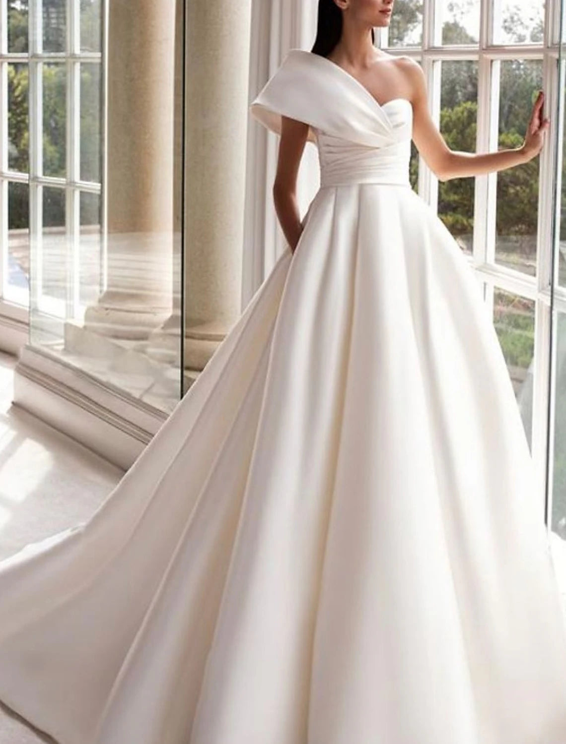 Hall Formale Brautkleider A-Linie Eine Schulter Ärmellos Sweep/Pinsel Zug Satin Brautkleider Mit Rüschen