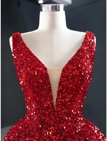 A-Line Evening Gown Party Dress Formal Sweep / Brush Train Formal Red Green Dress Sleeveless V Neck Sequined with Glitter Pleats
