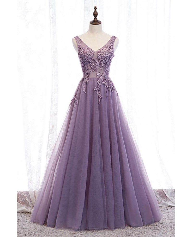 Robe de soirée élégante en dentelle perlée violette sans manches avec col en V violet, dos nu et robe de bal longue au sol