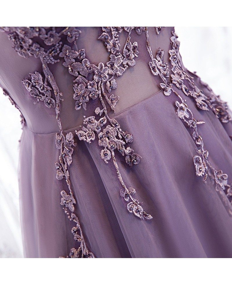 Robe de soirée élégante en dentelle perlée violette sans manches avec col en V violet, dos nu et robe de bal longue au sol