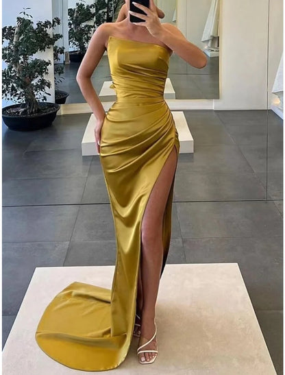 A-Line Evening Gown Elegant Dress Formal Court Train Sleeveless Strapless Satin with Ruched Slit