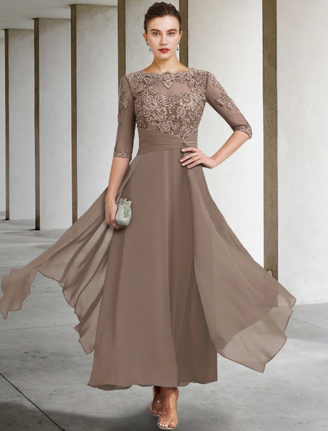 A-Linie Kleid für die Mutter der Braut, Hochzeitsgast, Übergröße, elegant, Rundhalsausschnitt, knöchellang, Chiffon, Spitze, halbe Ärmel mit gerüschtem Perlenbesatz, Applikationen, Herbst