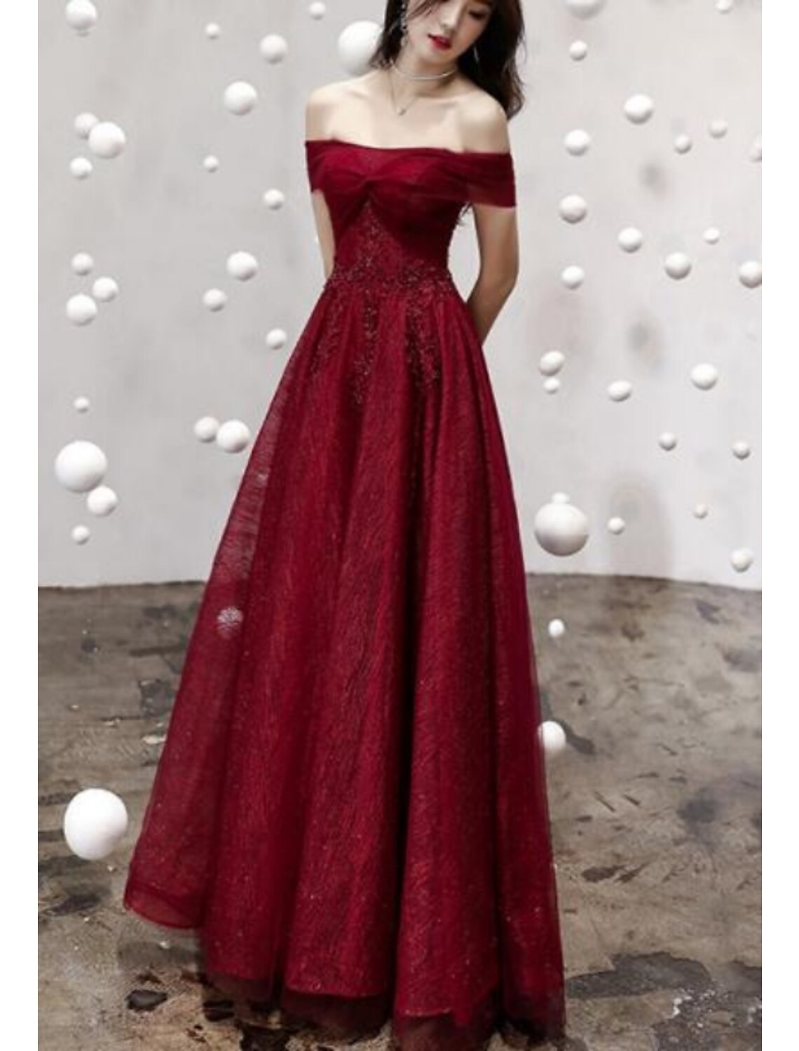 A-Line Luxurious Sparkle Engagement Prom Dress Off Shoulder Short Sleeve Floor Length Tulle with Sequin Appliques