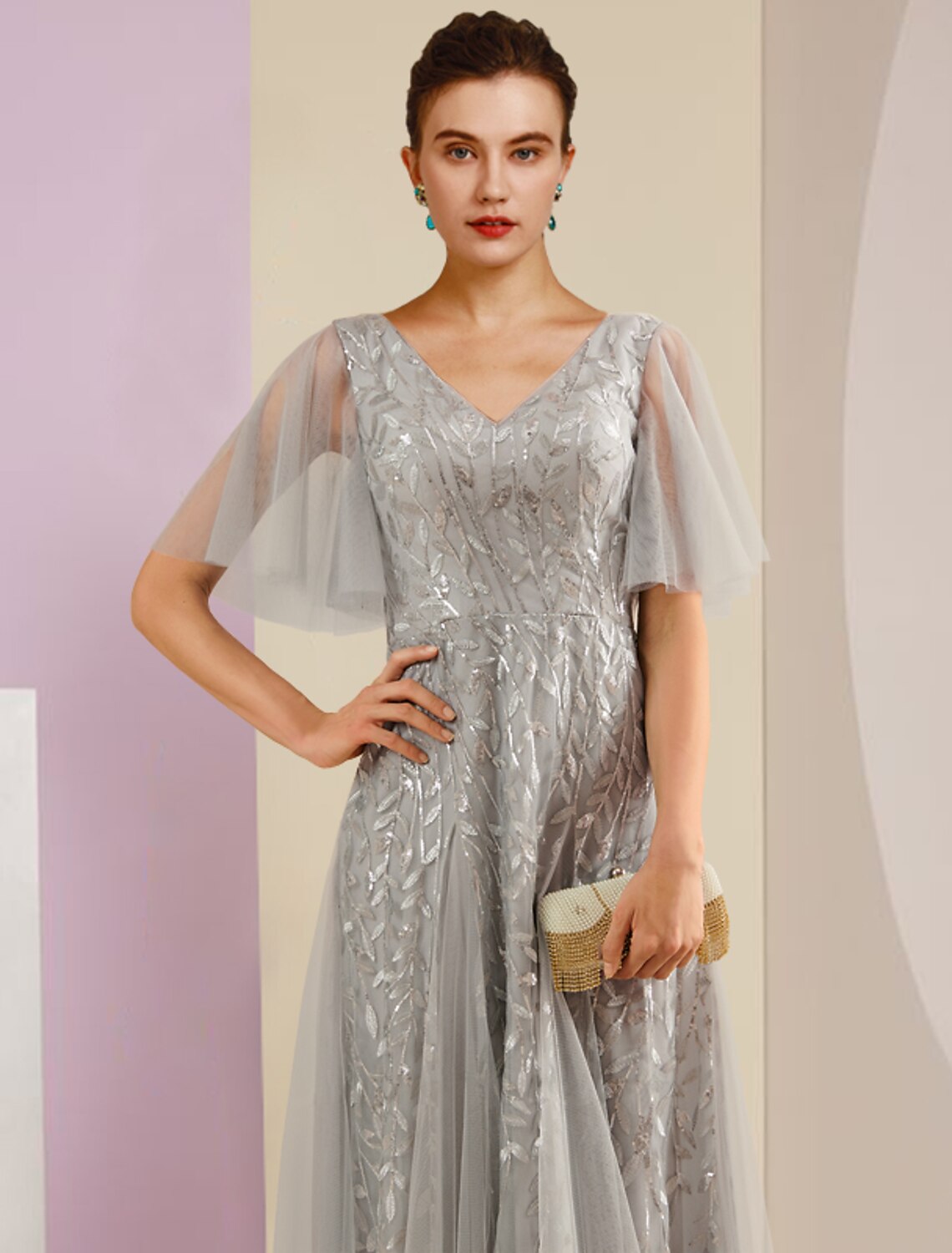 Etuikleid/Säulenkleid für die Brautmutter, Partykleid, Glitzer und Glanz, V-Ausschnitt, bodenlang, Spitze, Tüll, kurze Ärmel, mit Falten, Pailletten