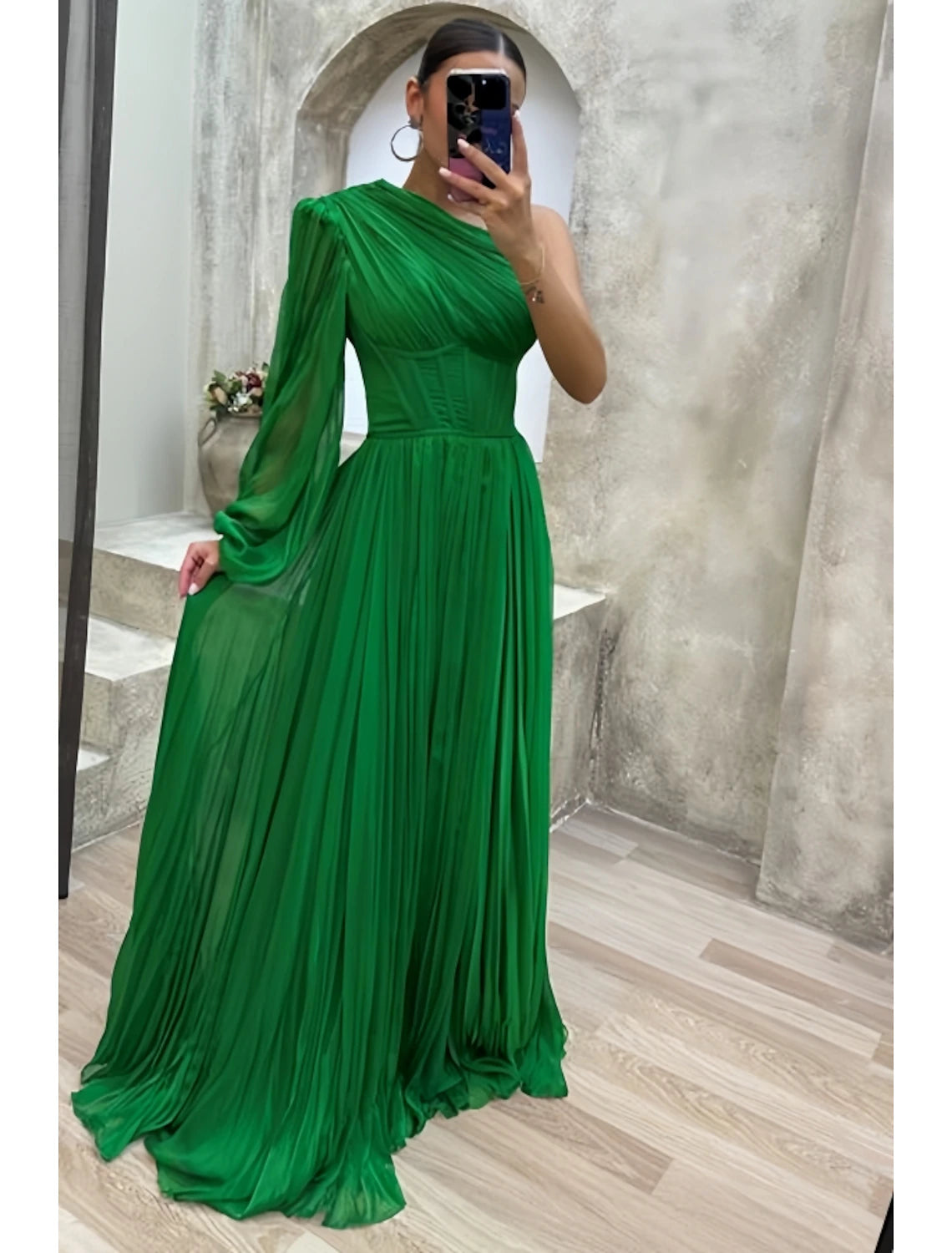 Robe de soirée trapèze fendue sur le côté, tenue de soirée formelle, traîne courte, manches longues, asymétrique, en mousseline de soie, avec plis fendus