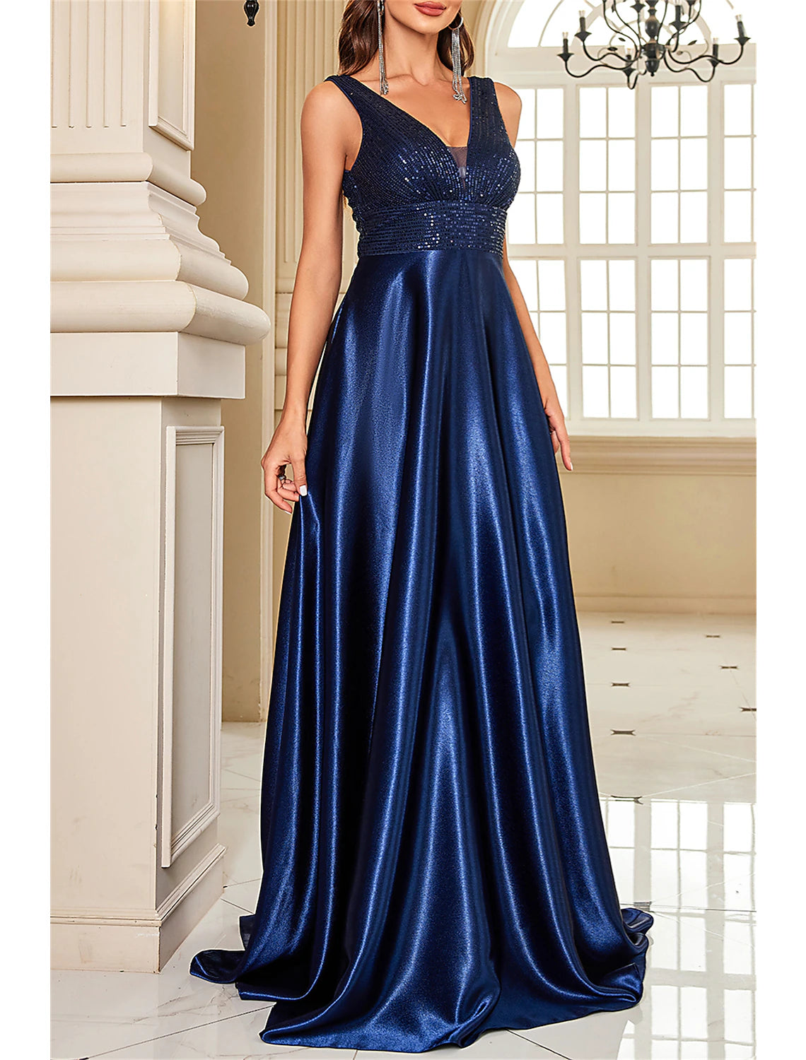 A-Linien-Kleid für die Mutter der Braut, Hochzeitsgast, elegant, Party, funkelnd und glänzend, V-Ausschnitt, bodenlang, Satin, mit Pailletten, ärmellos, mit Pailletten-Farbblock