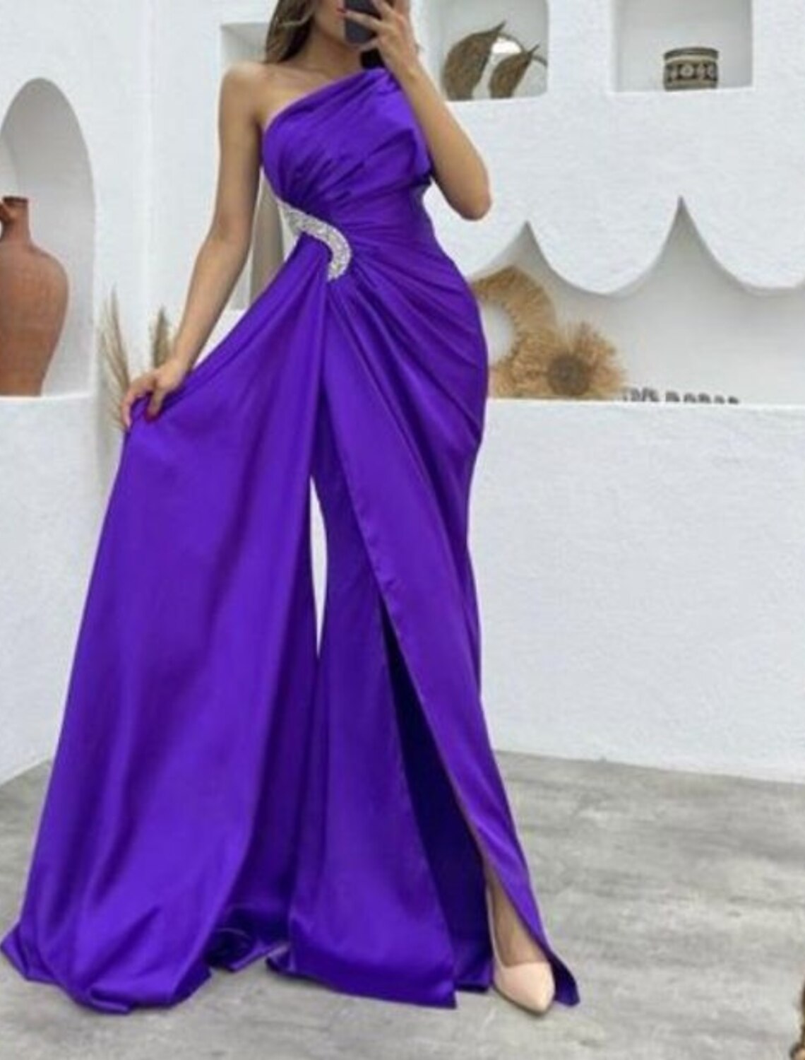Meerjungfrau/Trompete Abendkleid Cut Out Kleid Formeller Hochzeitsgast Sweep/Pinselzug Ärmellos One Shoulder Brautjungfernkleid Charmeuse mit Strass gerüschtem Schlitz