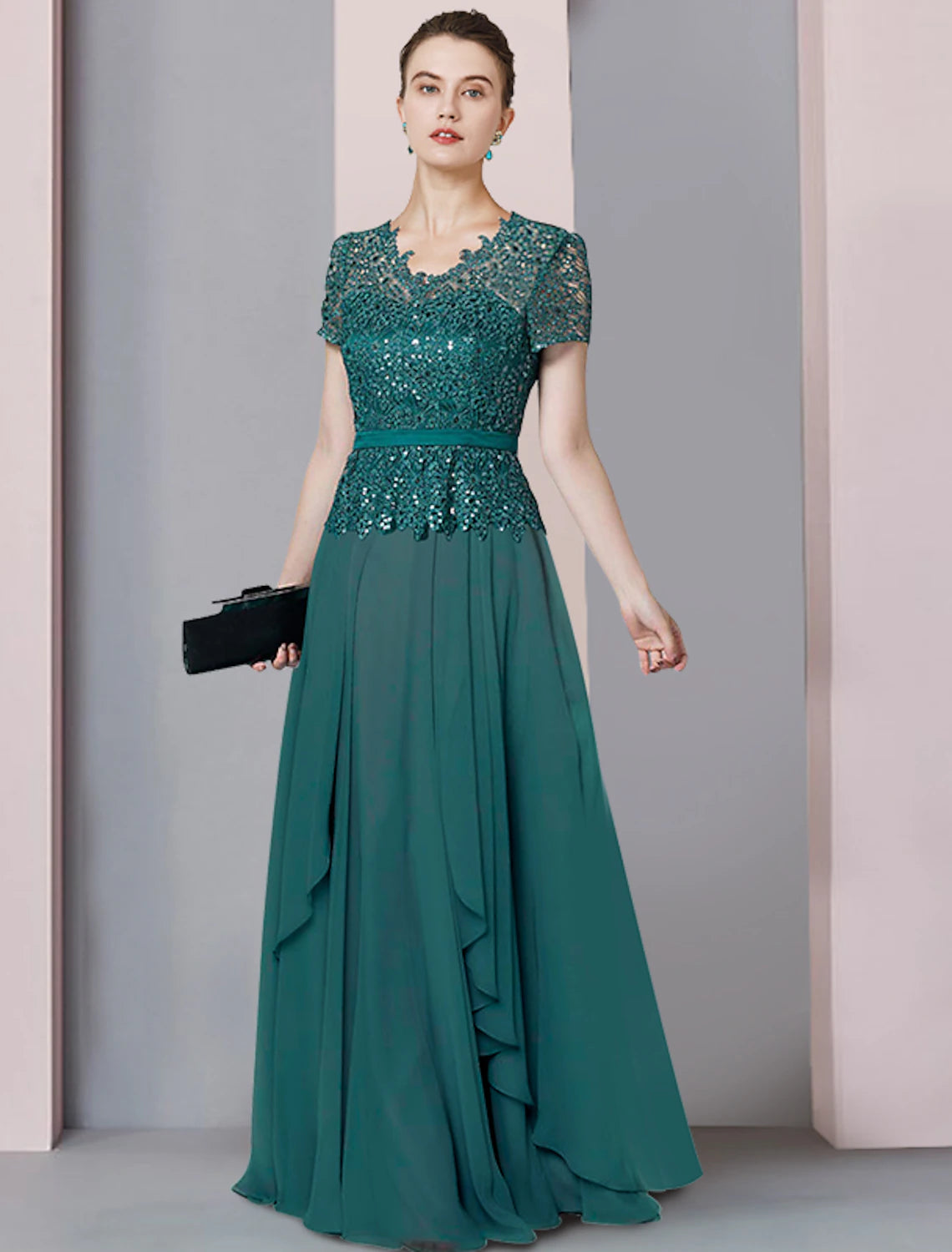 A-Linien-Kleid für die Mutter der Braut, formelle Party, funkelnd und glänzend, elegant, V-Ausschnitt, bodenlang, Chiffon, Pailletten, kurze Ärmel mit Falten, Pailletten