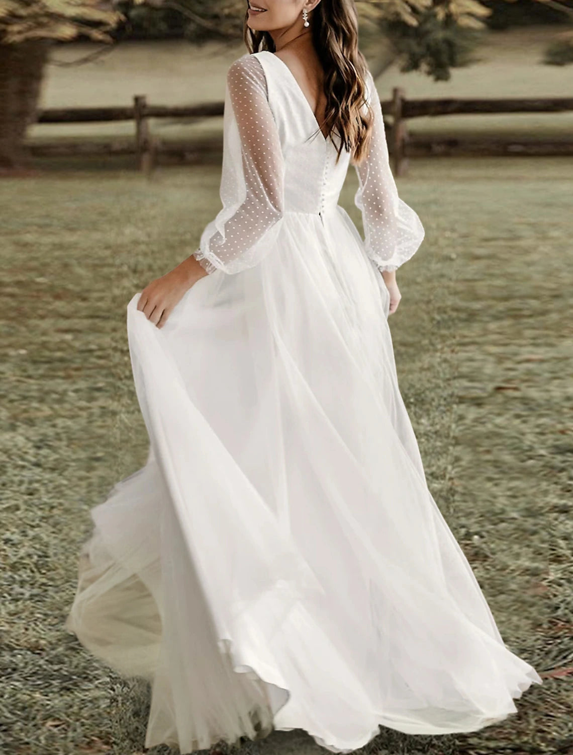 Hall Casual Boho Brautkleider A-Linie V-Ausschnitt Langarm Bodenlang Spitze Brautkleider mit Volltonfarbe