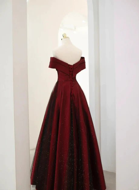A-line off shoulder wine red sheer long party dress, wine red and black dance dress