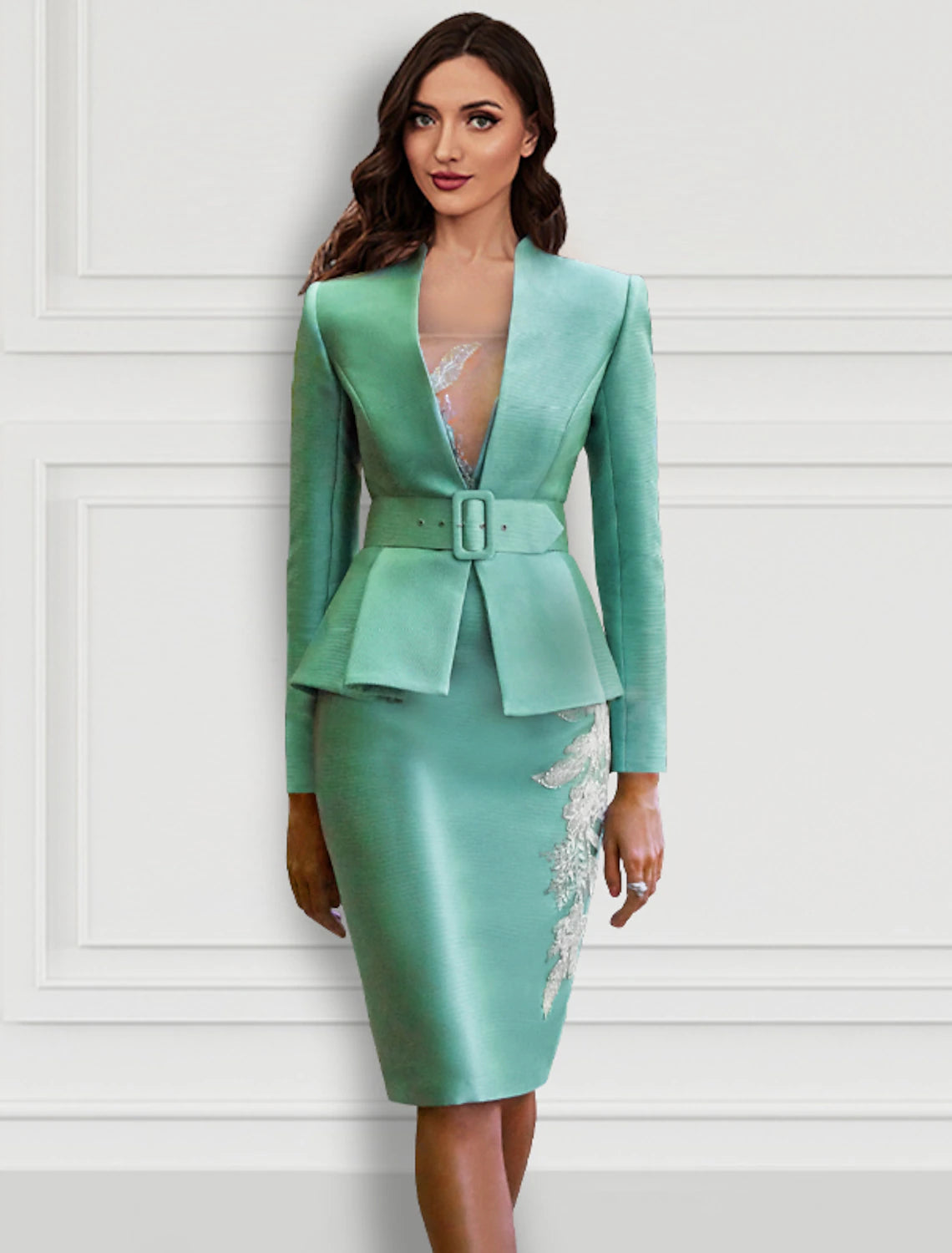 Robe de cocktail deux pièces à fleurs, robe formelle pour invité de mariage, longueur genou, manches longues, col en V, ceinture en satin avec applications