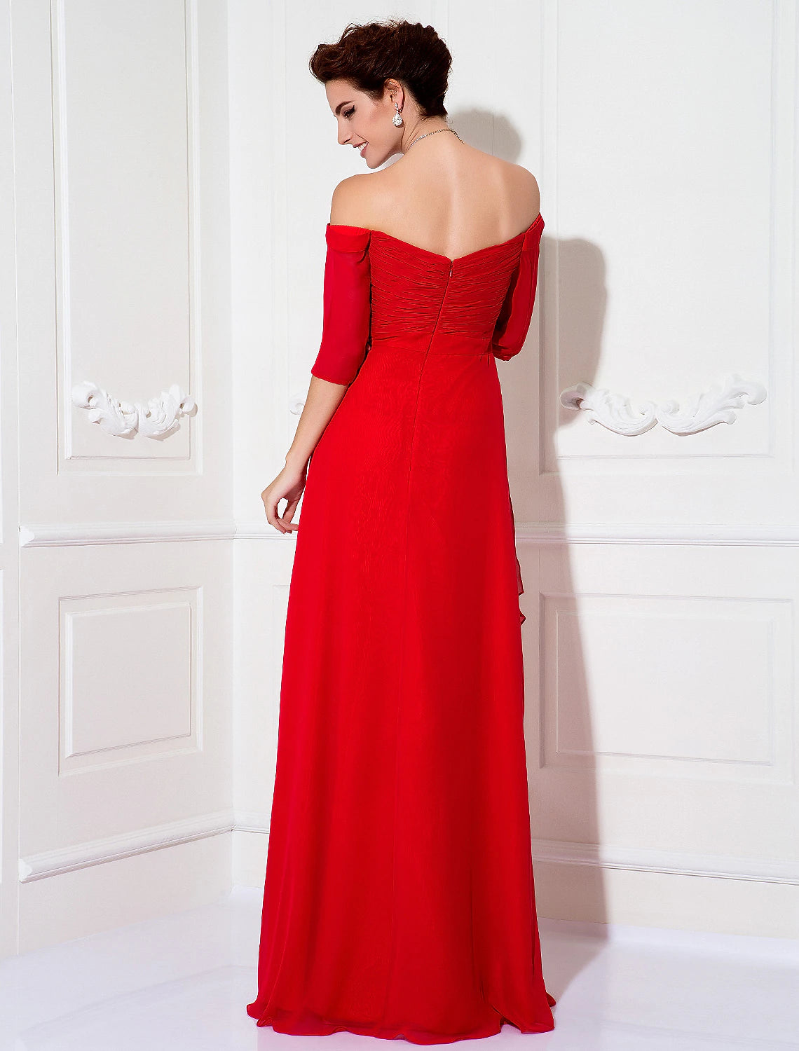 Etuikleid/Säulenkleid, minimalistisches Kleid, Hochzeitsgast, formeller Abend, Sweep/Pinselzug, halbe Ärmel, schulterfrei, Brautjungfernkleid aus Chiffon mit gerüschter Drapierung