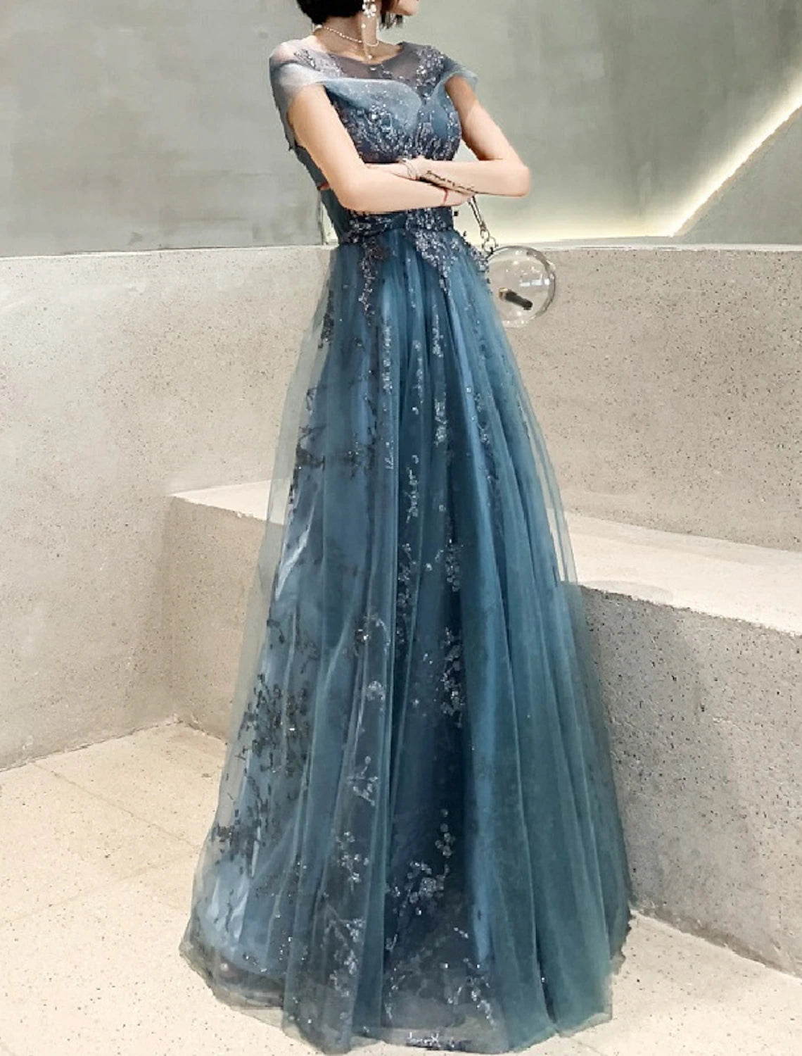 A-Linien-Kleid für die Mutter der Braut, Hochzeitsgast, elegant, Rundhalsausschnitt, bodenlang, Tüll, kurze Ärmel, mit Faltenapplikationen