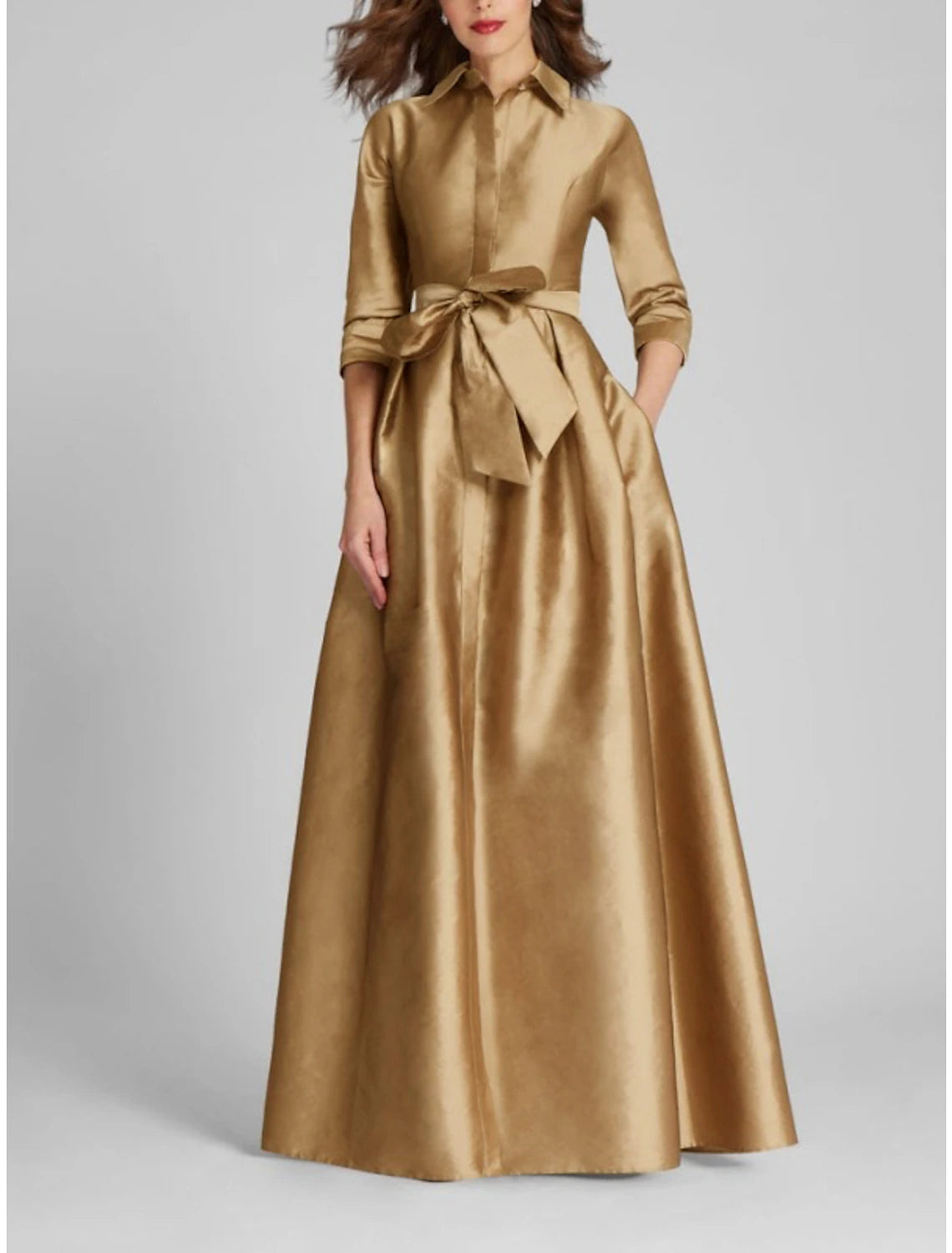 Satin A-Linie Abendkleid Champagner Gold Minimalistisch Schwarz Rot Grün Kleid Formal Herbst Bodenlang Halbarm Hemdkragen mit Schleife(n) Falten