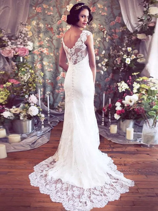 Robe de mariée fourreau/colonne en tulle et dentelle, col en V, sans manches, traîne courte