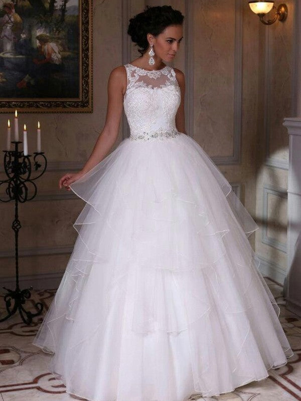 Robe de mariée trapèze/princesse en organza, sans manches, longueur au sol